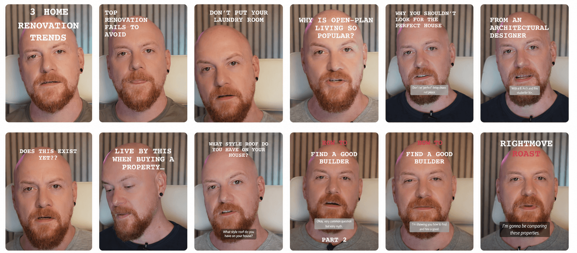 A grid of Dave's renovation advice videos on social media